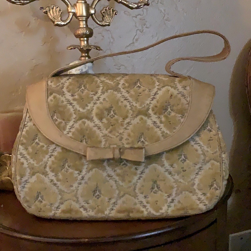 Vintage 1950's Cream Velvet & Leather Bag by Bienen Davis. - Picture 2 of 8
